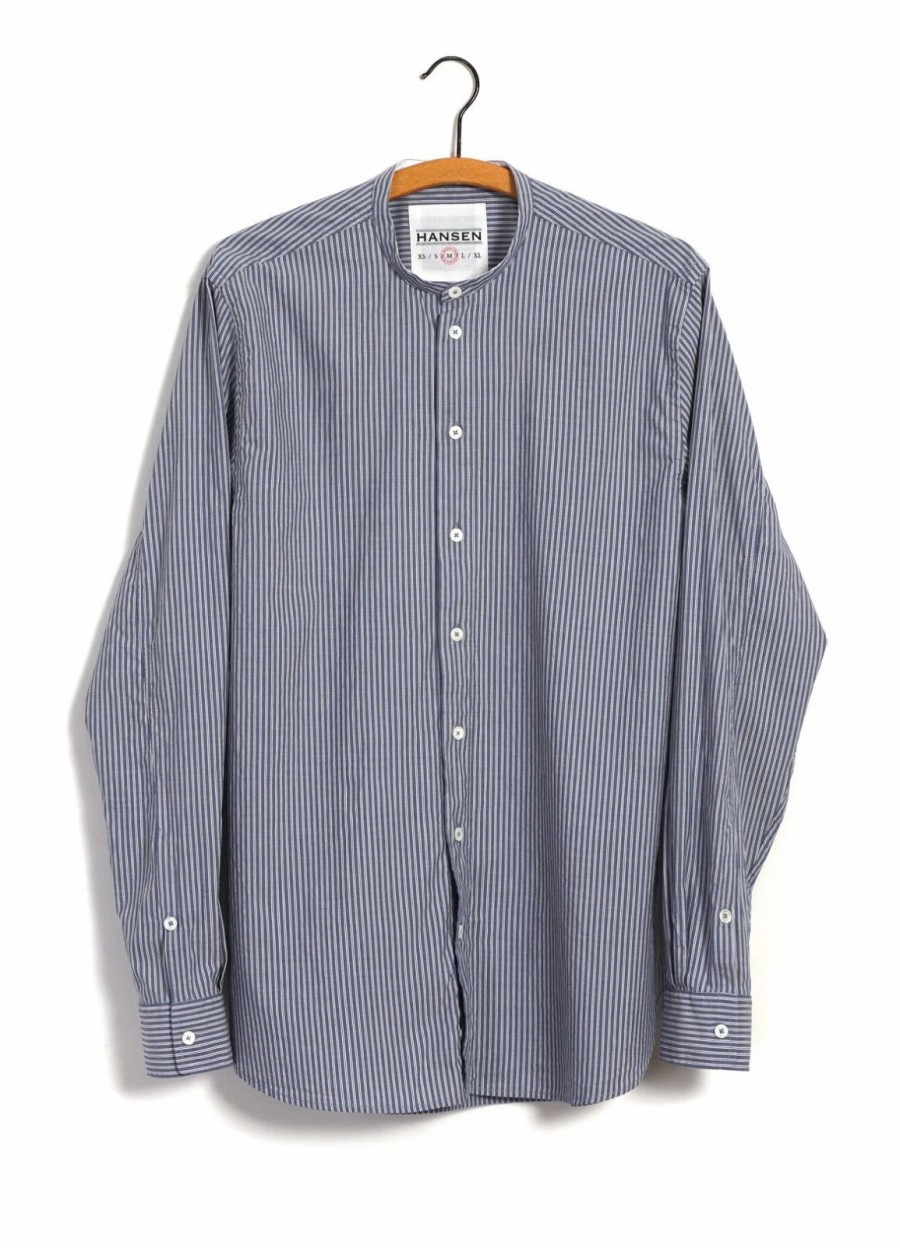 Tops * | Hansen Garments Ante | Collarless Shirt | Small Blue Stripes