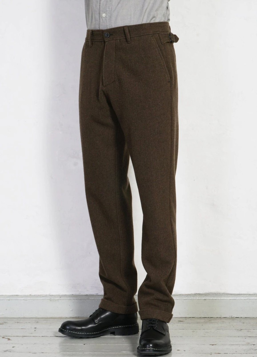 Bottoms * | Hansen Garments Finn | Side Buckle Regular Trousers | Brown Herringbone