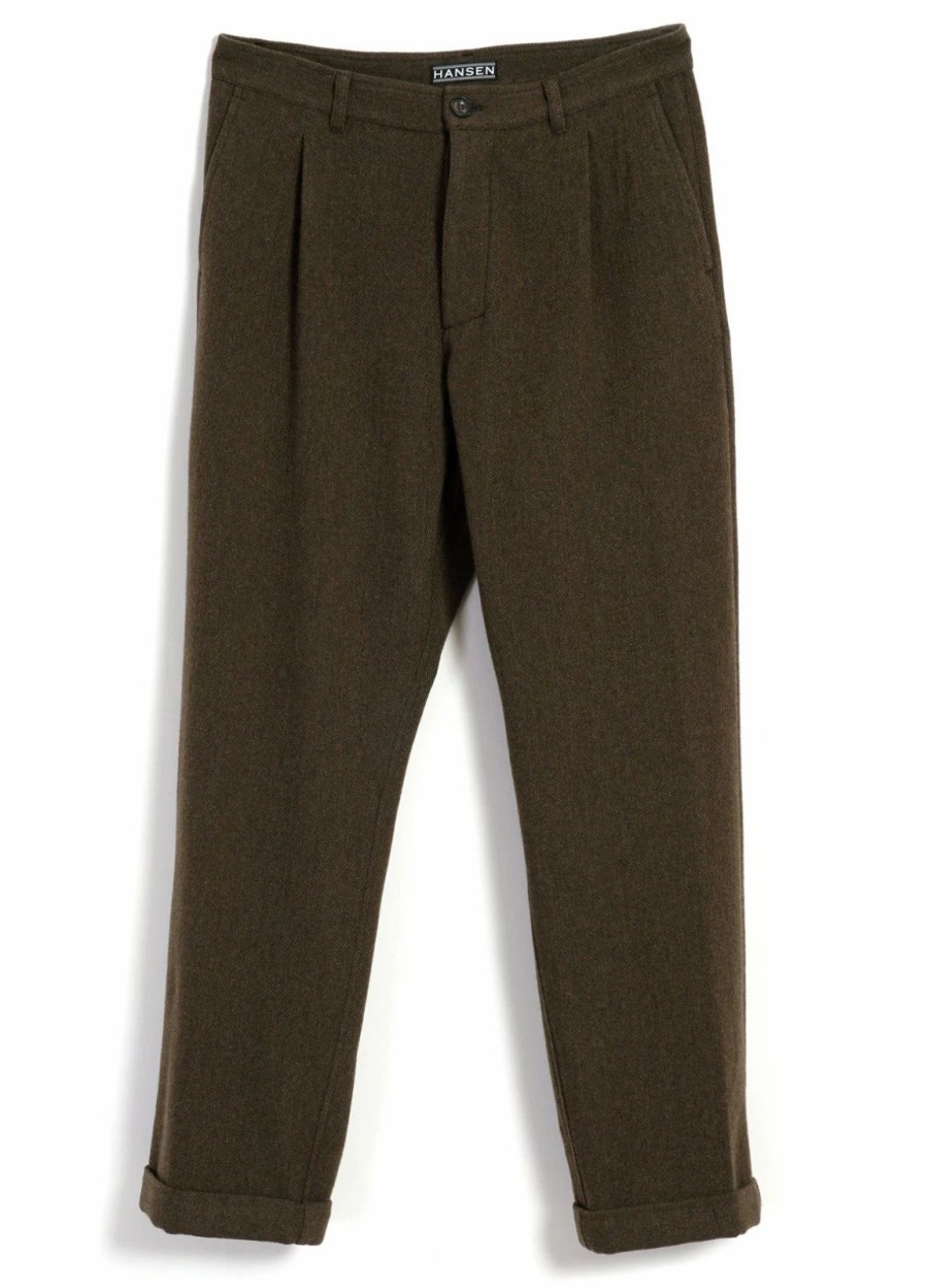 Bottoms * | Hansen Garments Sune | Pleated Wide Cut Trousers | Brown Herringbone