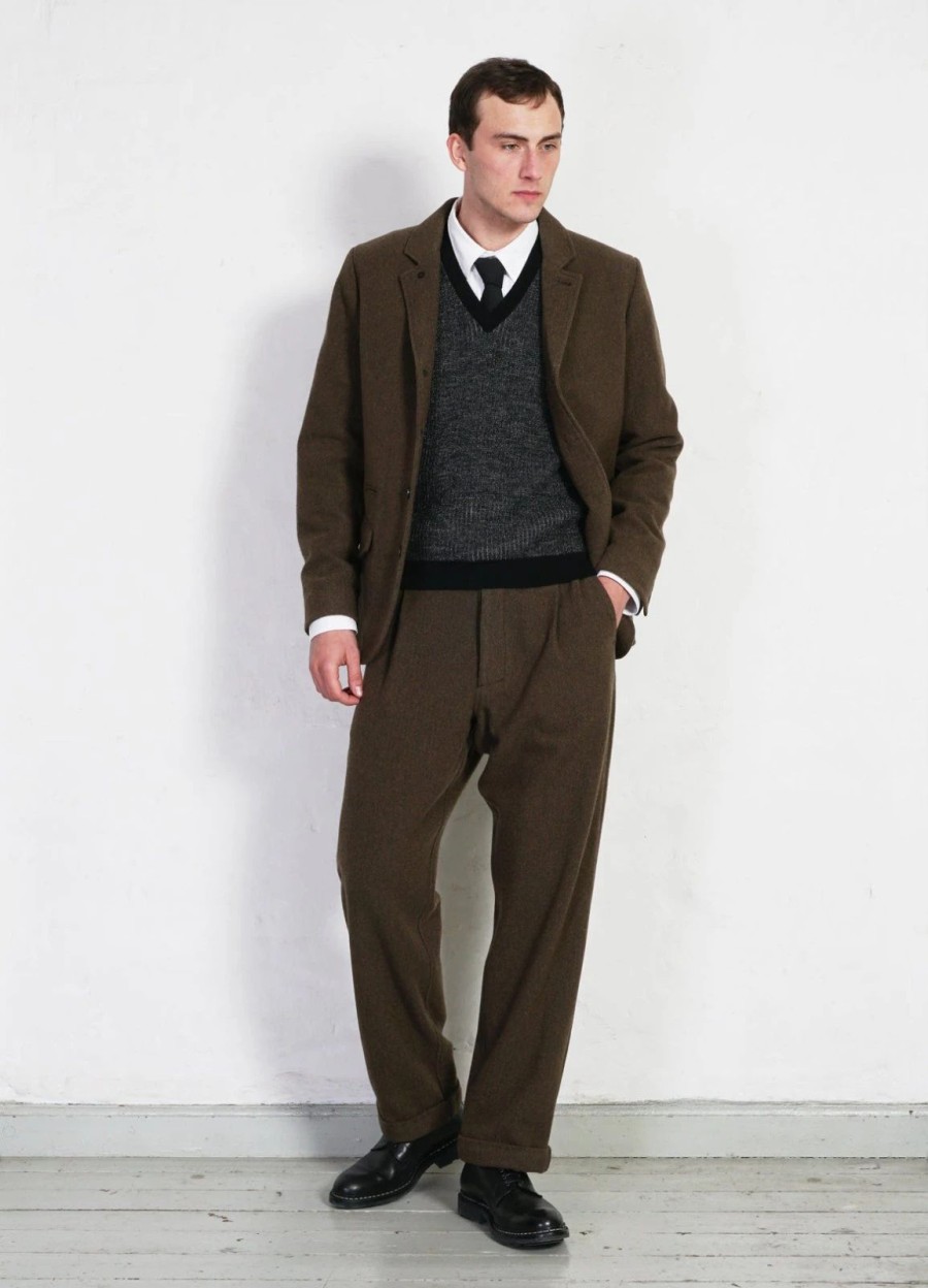 Bottoms * | Hansen Garments Sune | Pleated Wide Cut Trousers | Brown Herringbone